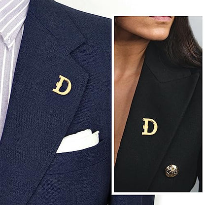 Initial Lapel Pin for Men Women, Brooch Pins for Men Suits, Metal Button Pins in 18K Gold and Silver Tone. - color: Gold-D