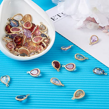 Cheriswelry 48Pcs Teardrop Resin Rhinestone Pendants with Golden Tone Brass Settings Waterdrop Faceted Rhinestone Charms with Glitter Powder 17.5mm for DIY Necklace Earring - color: 0Mixed Color*12