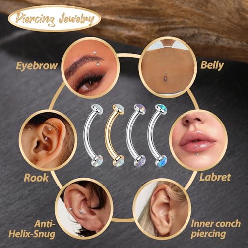 GAGABODY G23 Titanium Eyebrow Piercing Jewelry Curved Barbell Lip Ring | Internal Thread Used in Eyebrow,Belly,Rook 16 Gauge from 6mm to 12mm Lightweight Daily for Woman and Man Sensitive Skin - color: 1Pc-Disc Shape Silver+Blue Opal, size: 16G-8mm