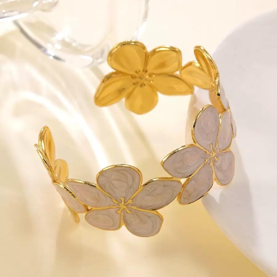18K Gold Plated White Enamel Cuff Bracelet for Women - color: flower2