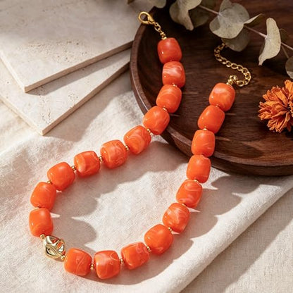 Beaded Necklaces for Women Boho Chunky Necklace Statement Big Resin Bead Choker Fashion Summer Beach Jewelry - color: Orange