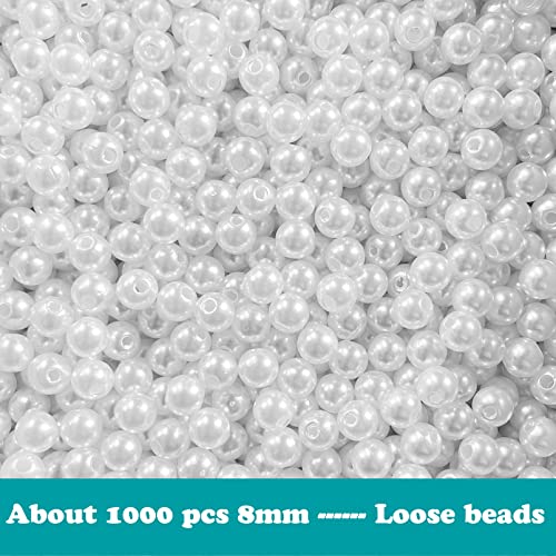 Pearl Beads for Jewelry Making - 1000 PCS 8mm White Pearls for Jewelry Making, Pearls for Crafts, Round Loose Pearls Beads with Hole for Necklaces Bracelets Earrings Choker Making - size: 8mm