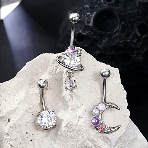 Jewseen 3PCS Belly Button Ring Dangle Surgical Steel Zircon Opal Moon Star Planet Space Design Navel Ring 14G Curved Barbell Fashion Piercing Jewelry - color: moon