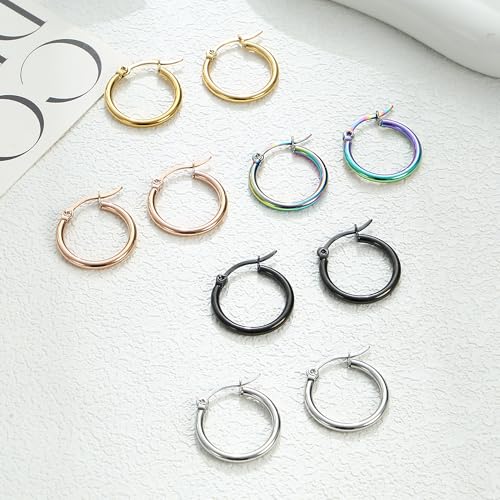 Small Surgical Steel Hoop Earrings for Women Hypoallergenic Colorful Hoops | Stainless Steel Hoop Earrings Silver Gold Black Loop Huggie Earring 5 Colors