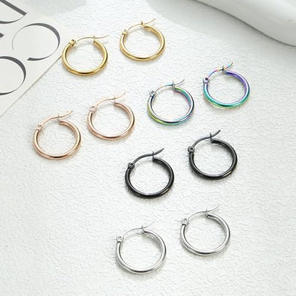 Small Surgical Steel Hoop Earrings for Women Hypoallergenic Colorful Hoops | Stainless Steel Hoop Earrings Silver Gold Black Loop Huggie Earring 5 Colors