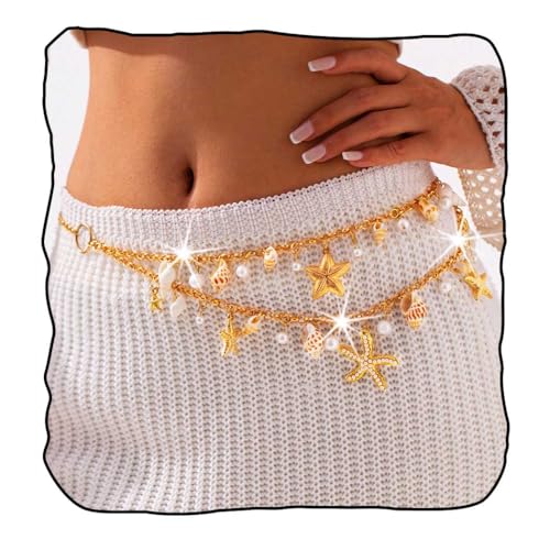 Seashell Starfish Waist Chain for Women Boho Conch Body Chains Gold Belly Chain Summer Beach Pearl Body Jewelry - style: 2-Layer