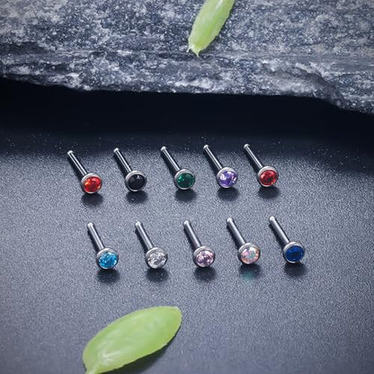 Ruifan ASTM F136 Titanium Nose Rings 18G 20G 22G Jeweled Mix Color Cubic Zirconia Nose Studs Ring Screw L-Shaped Bone Hypoallergenic Body Piercing Jewelry for Women 1.5mm 2mm 2.5mm 3mm 10PCS - style: Bone:20G(0.8mm)-2.5mm CZ