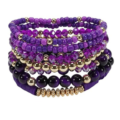 7Pcs Bohemia Multilayer Stackable Crystal Beaded Bracelet Set Multicolor Surfer Heishi Clay Gold Beaded Friendship Stretch Bracelets for Women Men Summer Beach Boho Vacation Jewelry Gifts - color: Purple