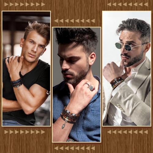 Tondiamo 48 Pcs Punk Wooden Beads Bracelets Gothic Bracelet for Men Adjustable Bulk Vintage Beaded Bracelet Metal Set Wood Bangles Wristbands Commemorative Gift