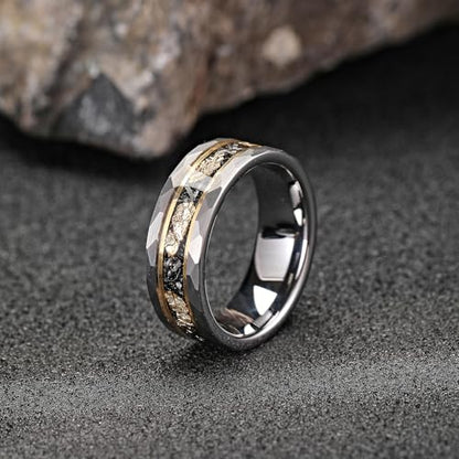 Mens Tungsten Carbide Wedding Bands 8mm Black Hammered Edge Gold Foil Inly Durable Scratch Proof Stainless Steel Cool Promise Ring for Him Comfort Fit - color: Silver-8mm