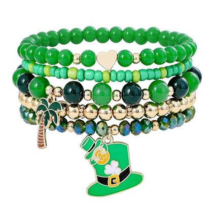 Summer Surfer Heishi Bracelet Set for Women Stackable Gold Plated Clay Ploymer Bead Stretch Pink Beach Layering Bracelets Jewelry - color: Style A-Green Bracelets 2