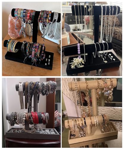 Coward 2 Tier Necklace Bracelet Holder Organizer with Ring Tray, Linen Jewelry Display Stand for Watch Scrunchie Lipstick, Perfumes,Nail polish (Gray Linen) - color: Gray