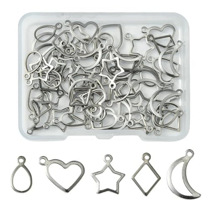 8-64Pcs Silver Goldern Color Heart Pendants Charms 10 Styles Heart Stainless Steel Metal Charms for Jewelry Making Crafting Necklaces Bracelets Earrings Keychains Birthday Gift - color: Silver 5 Shapes-60 pcs