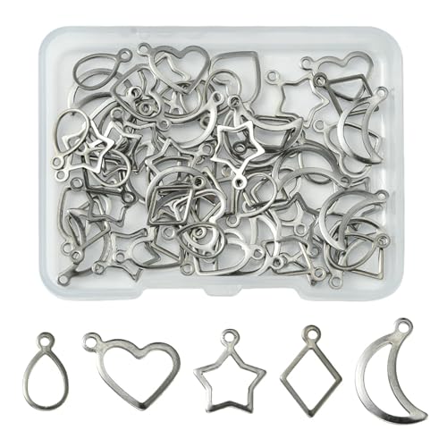 8-64Pcs Silver Goldern Color Heart Pendants Charms 10 Styles Heart Stainless Steel Metal Charms for Jewelry Making Crafting Necklaces Bracelets Earrings Keychains Birthday Gift - color: Silver 5 Shapes-60 pcs