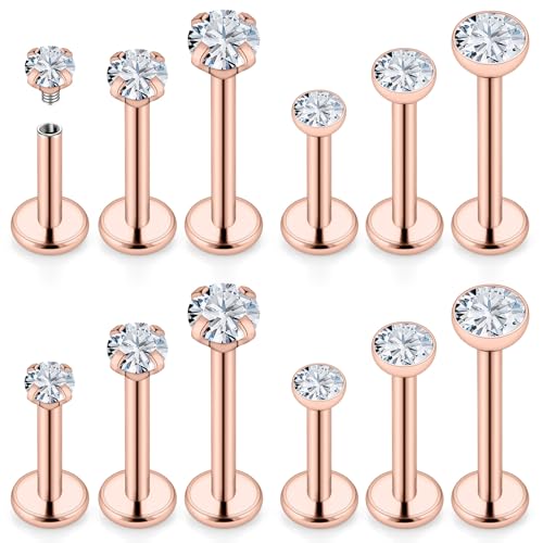 16G Internal Thread Flat Back Earrings Nose Studs 316L Surgical Steel Medusa Labret Monroe Lip Ring Tragus Forward Helix Conch Cartilage Lobe Earrings Stud Piercing Jewelry For Women Men - color: Rose Gold-Clear CZ