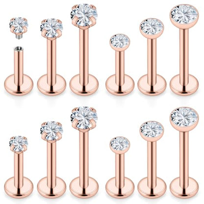 16G Internal Thread Flat Back Earrings Nose Studs 316L Surgical Steel Medusa Labret Monroe Lip Ring Tragus Forward Helix Conch Cartilage Lobe Earrings Stud Piercing Jewelry For Women Men - color: Rose Gold-Clear CZ