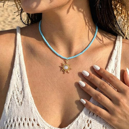 Tgirls Boho Beaded Choker Necklace Opal Bead Necklace Sun Pendant Summer Jewelry for Women - color: Blue