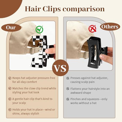 4 Pack Hat Claw Clips for Women, 4.1 Inch Large Hair Clips for Thick Hair | 2-in-1 Cute Hair Claw Clips Strong Hold Jaw Clips for Daily Styling, Baseball Cap & Trucker Hat, Checkered (Patent Pending) - color: Checkered