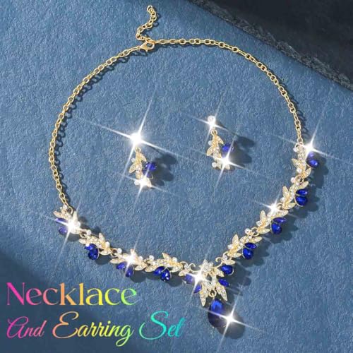 Rhinestone Bridal Wedding Jewelry Sets Gold Necklace Earrings Set Leaf Prom Formal Costume Jewelry Set for Women and Brides - color: Blue
