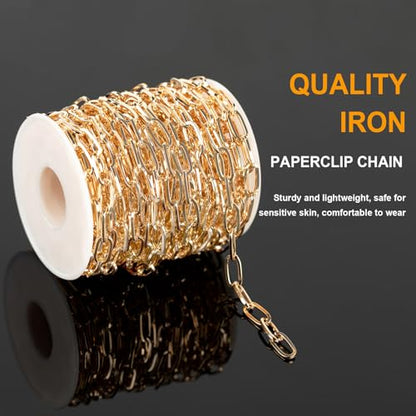 KYUNHOO 10 Meters Necklace Chain Roll 6MM Width Paperclip Chain for Jewelry Making Gold Plated Iron Necklace Chains Bulk Metal Chain for Craft DIY Jewelry Findings - color: 13x6mm Paperclip
