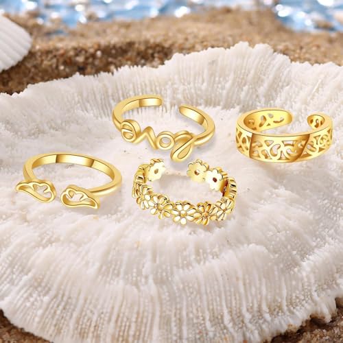 Toe Rings for Women,Gold Plated Stylish Adjustable Toe Band Rings, Summer Beach Foot Jewelry - Perfect for Vacation, Daily Wear - style: 4 Pcs