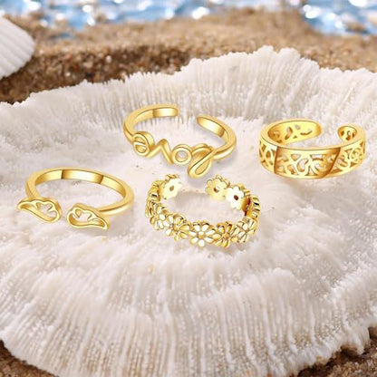 Toe Rings for Women,Gold Plated Stylish Adjustable Toe Band Rings, Summer Beach Foot Jewelry - Perfect for Vacation, Daily Wear - style: 4 Pcs