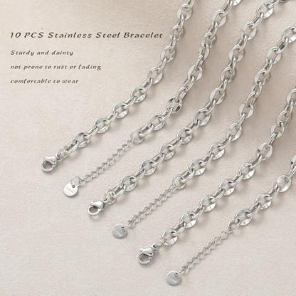 10 PCS Bracelets for Women Stainless Steel Chain Link Bracelet Set | 6.7 Inches with Extender, Jewelry Gifts for DIY, Chains Bulk, Oval, Curb, Figaro Chains, 18K Gold Plated, Silver, Chunky - color: Lip Silver