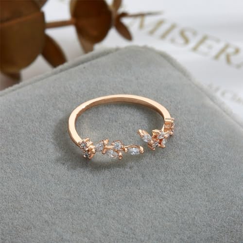 Gold Rings Non Tarnish Silver Adjustable Rings for Women Cubic Zirconia Leaf Ring Dainty Silver Stackable Ring for Women - style: rose gold