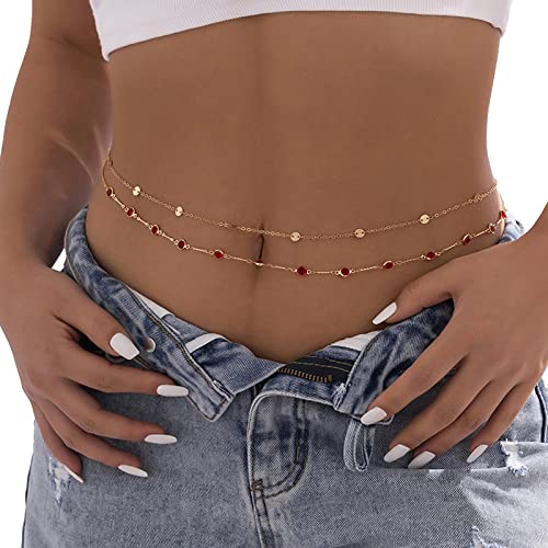 Sexy Multi-Layered Waist Chain Bikini Bead Belly Chain Summer Sequin Waist Chain Beach Crystal Waist Body Chain for Women - color: Red