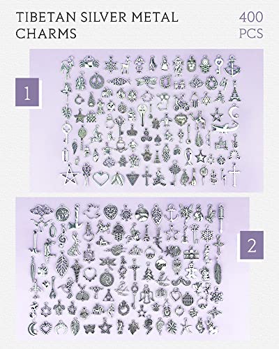 400 PCS Wholesale Bulk Lots Jewelry Making Charms Mixed Smooth Tibetan Silver Alloy Charms Pendants DIY for Bracelet Necklace Jewelry Making and Crafting