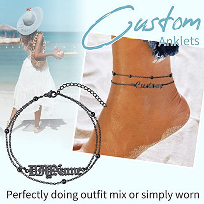 ChainsHouse Double Layer Anklet Bracelet for Women,Adjustable Chain Anklets Stackable Dainty Anklets,Stainless Steel/Gold Plated/Black Ankle Jewelry Gifts - color: C-Black-Bead Chain