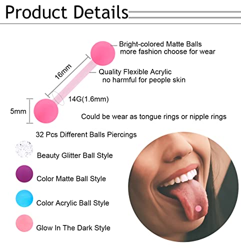 30-200Pcs 14G Surgical Steel Tongue Rings for Women Stainless Steel Nipple Rings Barbell Body Piercing - color: C: 32pcs