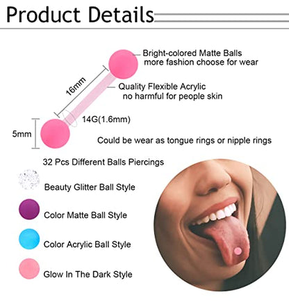 30-200Pcs 14G Surgical Steel Tongue Rings for Women Stainless Steel Nipple Rings Barbell Body Piercing - color: C: 32pcs