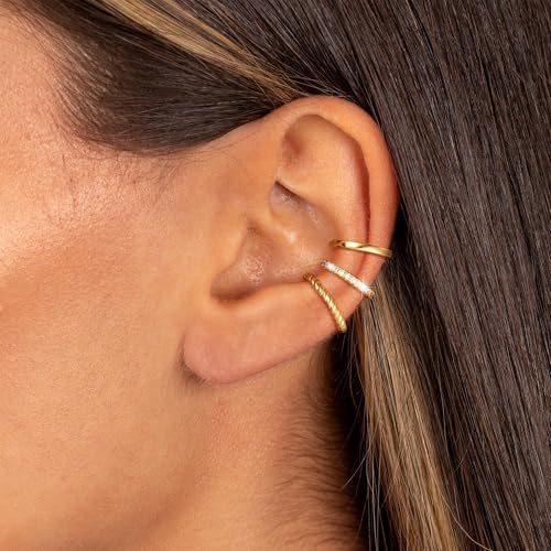 Freekiss 3-Piece Gold Ear Cuff Set for Women, Non-Piercing Clips | 14K gold-plated ear cuffs with smooth, twisted, and CZ styles for comfortable stacking without piercings