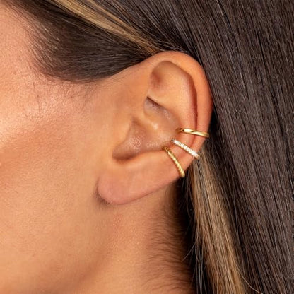 Freekiss 3-Piece Gold Ear Cuff Set for Women, Non-Piercing Clips | 14K gold-plated ear cuffs with smooth, twisted, and CZ styles for comfortable stacking without piercings