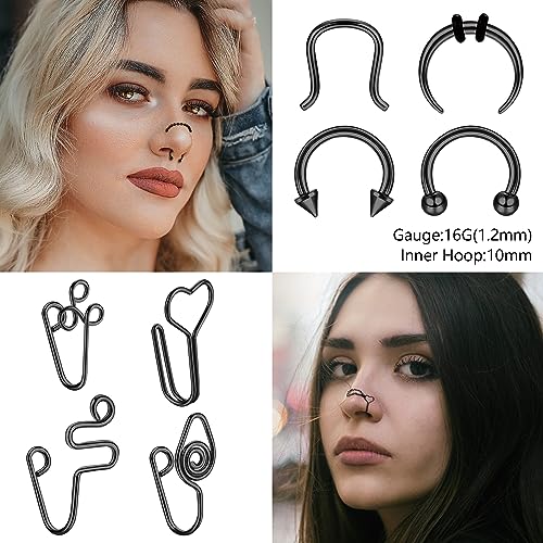 Stainless Steel Nose Rings Chain Horseshoe Nose Ring Body Piercing Jewelry | African Star Heart Studs Horseshoe Nose Cuff Septum Chain Body Piercing Jewelry Set for Women Men, Silver - color: Black