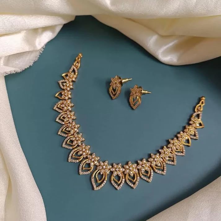 Antique Gold Plated Temple Jewellery Necklace Set with Earrings for Women, Traditional Indian Bridal Necklace Set, South Indian Choker Haram Style Jewellery Set, Ethnic Wedding Party Wear Necklace Set for Women - color: AD-Neck-177
