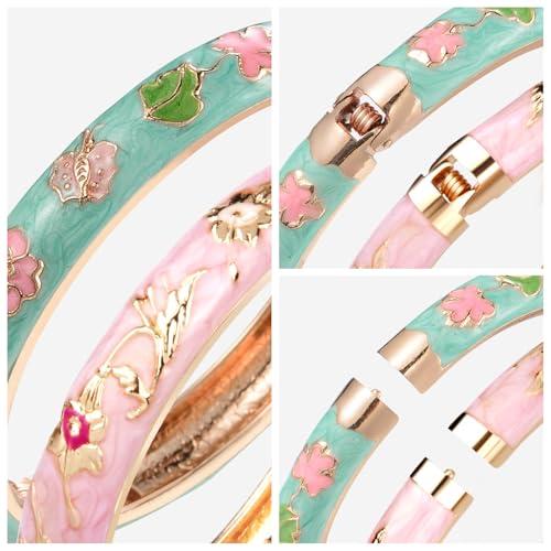 UJOY Cloisonne Bracelet Butterfly Hinge Indian Cuff Bangle Enameled Jewelry Flower Bracelets for Women Gift Box 55A114 - color: A67-2 Pcs/Set-Green and Pink