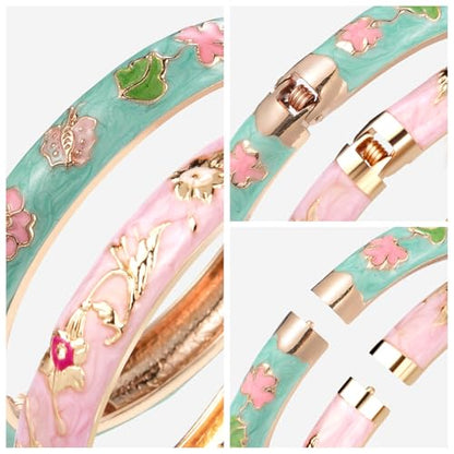 UJOY Cloisonne Bracelet Butterfly Hinge Indian Cuff Bangle Enameled Jewelry Flower Bracelets for Women Gift Box 55A114 - color: A67-2 Pcs/Set-Green and Pink