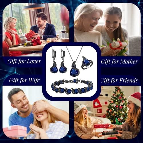 GZWHD Jewelry Set for Women Water Drop Cubic Zirconia Artificial Crystal Earrings Pendant Necklace Open Ring Tennis Bracelet Wedding Anniversary Birthday Engagement Gift for Bridesmaid Wife Girlfriend Friend - color: Black Gun-Blue