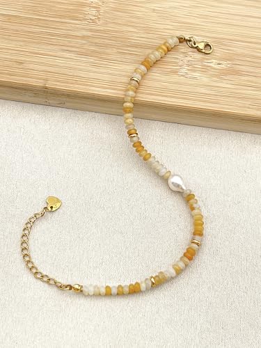 Gemstone Beaded Bracelets with Freshwater Pearl | Crystal Beaded Bracelet Boho Natural Stone Trendy Jewelry Gifts - color: Yellow
