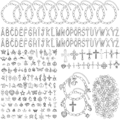 384 Pieces Silver Charm Bracelet Making Kit, Including Paperclip Chain Bracelets, Cross Charms, Jump Rings for DIY Bracelet Making