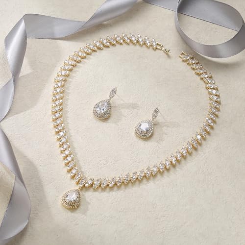 EVER FAITH CZ Marquise Leaf Teardrop Wedding Prom Jewelry Set for Women | Birthstone Pendant Necklace Dangle Earrings - color: Clear Gold-Tone