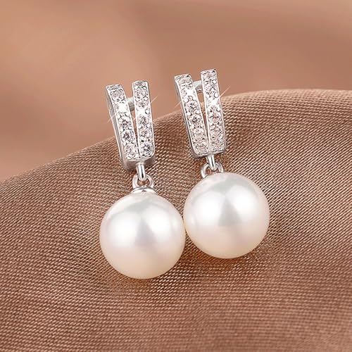 Delicate Imitation Pearl Dangle Earrings with Sparkling CZ for Women - color: Silver Color