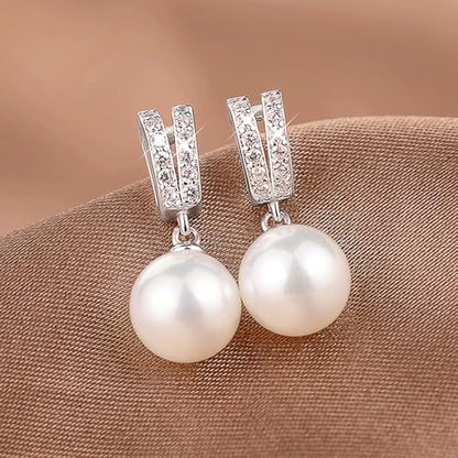 Delicate Imitation Pearl Dangle Earrings with Sparkling CZ for Women - color: Silver Color