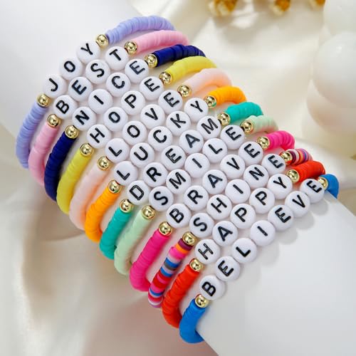 Heishi Surfer Clay Bead Bracelets Set for Women - Preppy Smile Evil Eye Beaded Stretch Bracelets Elastic Layering Friendship Bracelets- Stackable Boho Disc Summer Jewelry Set - color: 12PC-CLAY-black