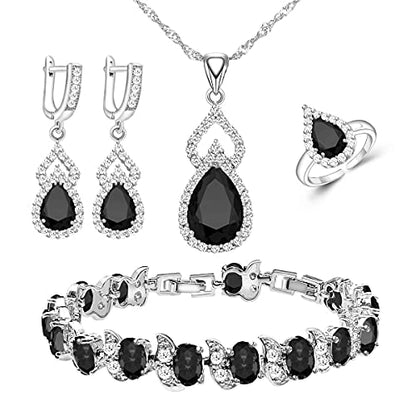 LMXXVJ Women Jewelry Set Platinum Plated Necklace Open Ring Earrings Bracelet Set,Birthday/Anniversary Mother’s Day Jewelry Gifts for Mom/Wife/Sister/Best Friend - color: Black