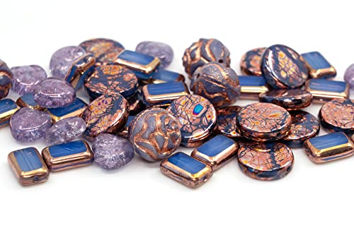 2.1oz (60g) of Glass Focal Bead Mix with Roses, Table-Cut and Cracked Czech Beads, PG Blue Copper Violet - color: Focal Copper Violet