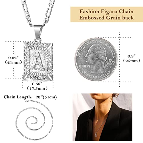 KissYan Initial Necklaces for Women Men | 14K Gold Filled/White Gold Plated, Square Letter Capital Monogram Pendant with 20''+2'' Figaro Chain, Alphabets from A-Z - color: 2-Silver, style: D