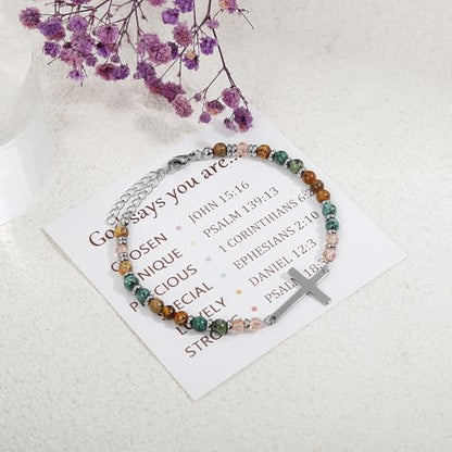 BROCC 9PCS Cross Christian Bracelets for Women | Christian Inspirational,Adjustable 4MM Beaded,Healing Natural Stone,Confirmation Baptism Easter Gifts - color: B